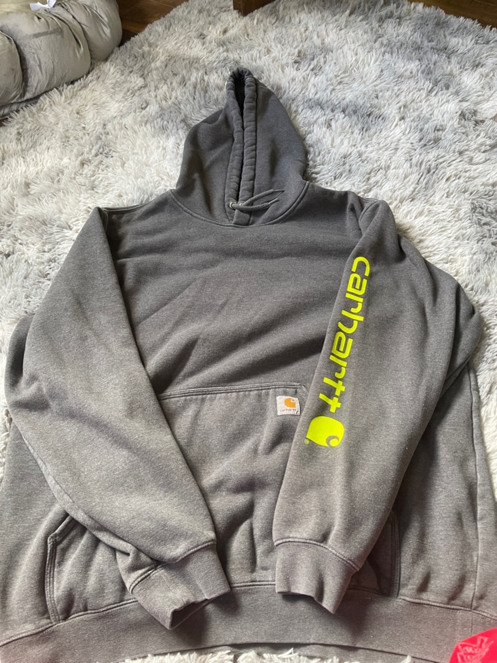 Carhartt Gray Hoodie with Neon Yellow Sleeve Logo